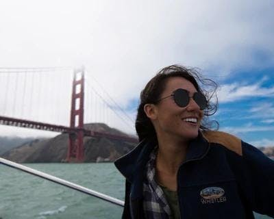 Bukitt's co-founder Mariana Riquezes in a boat ride at San Francisco Bay.