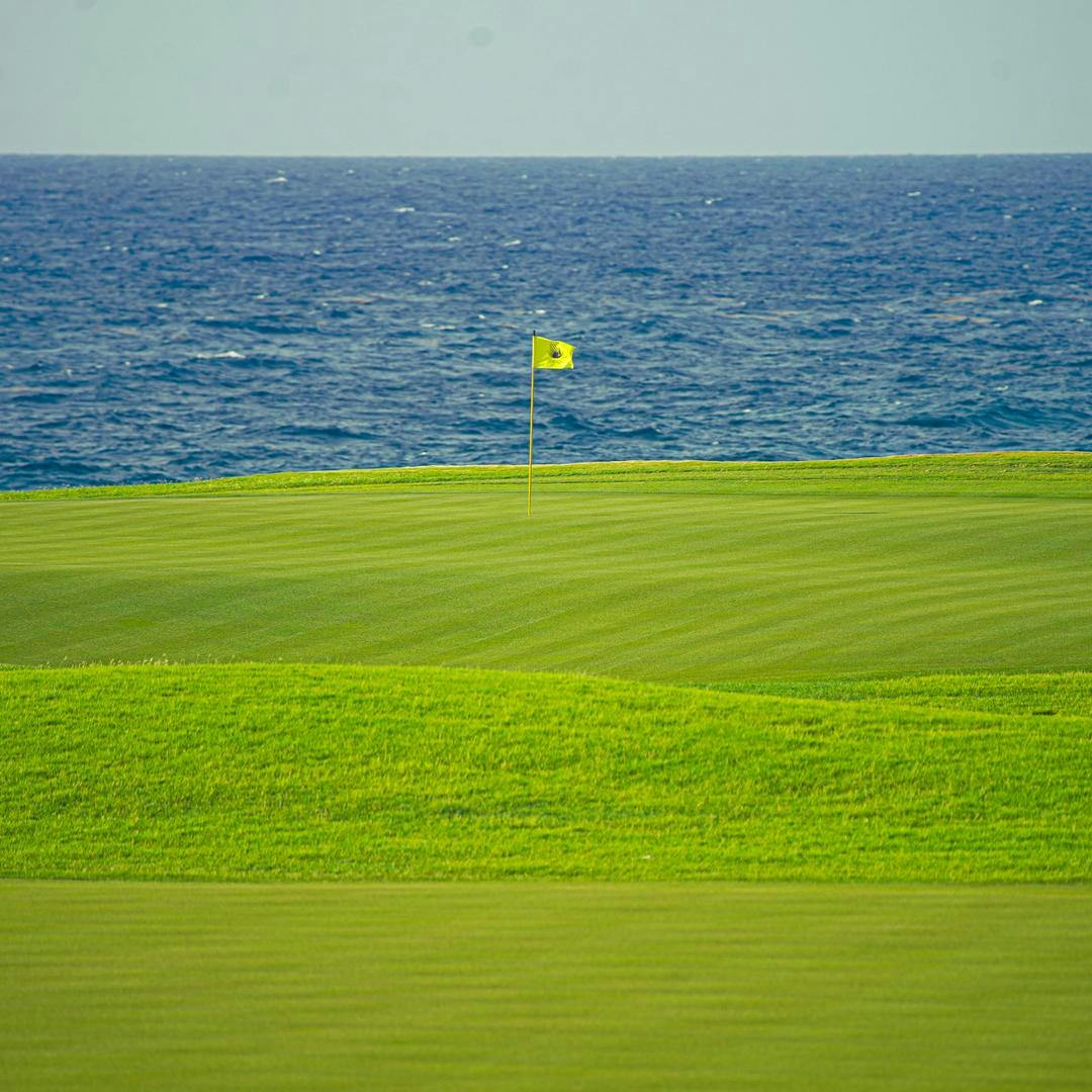 Golf green and a pin with the sea in the background.